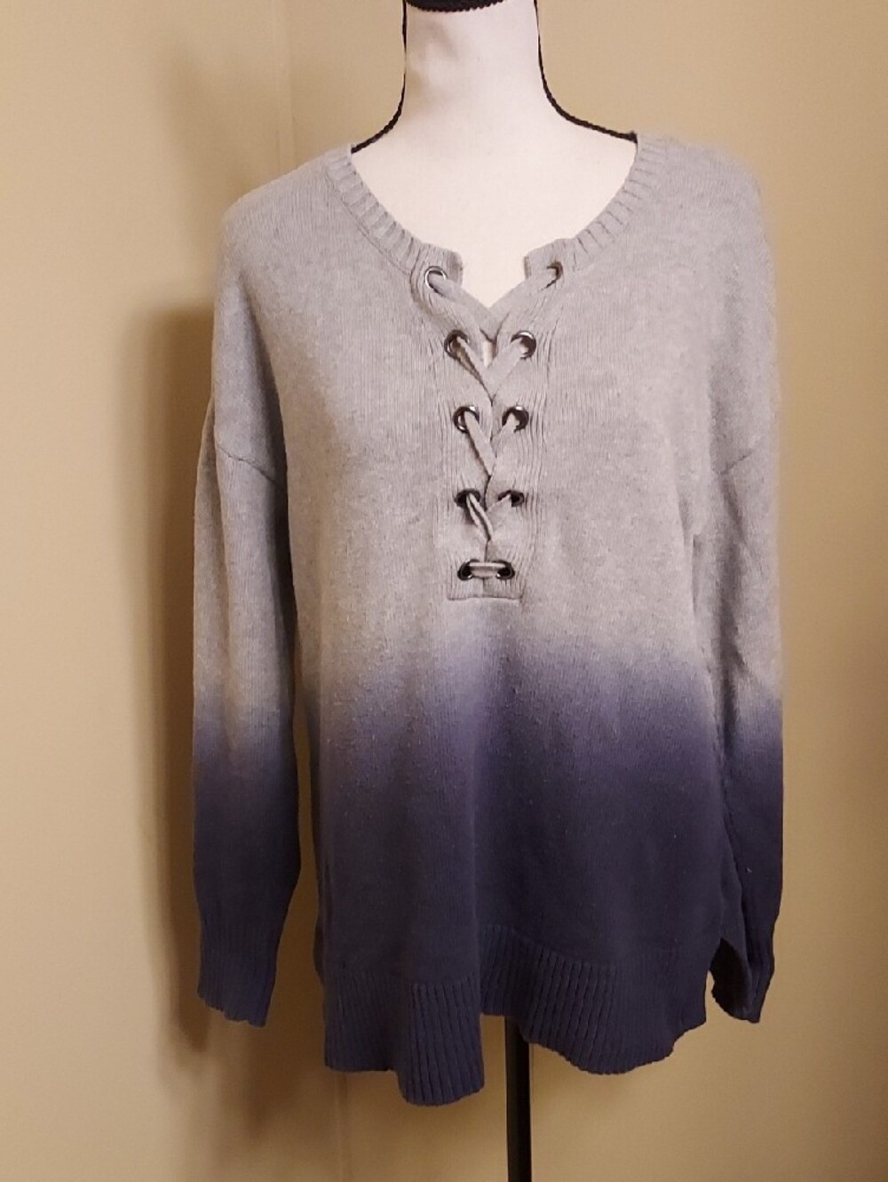 Women’s Gray To Blue Ombre Lace Up Cotton Knit Sweater